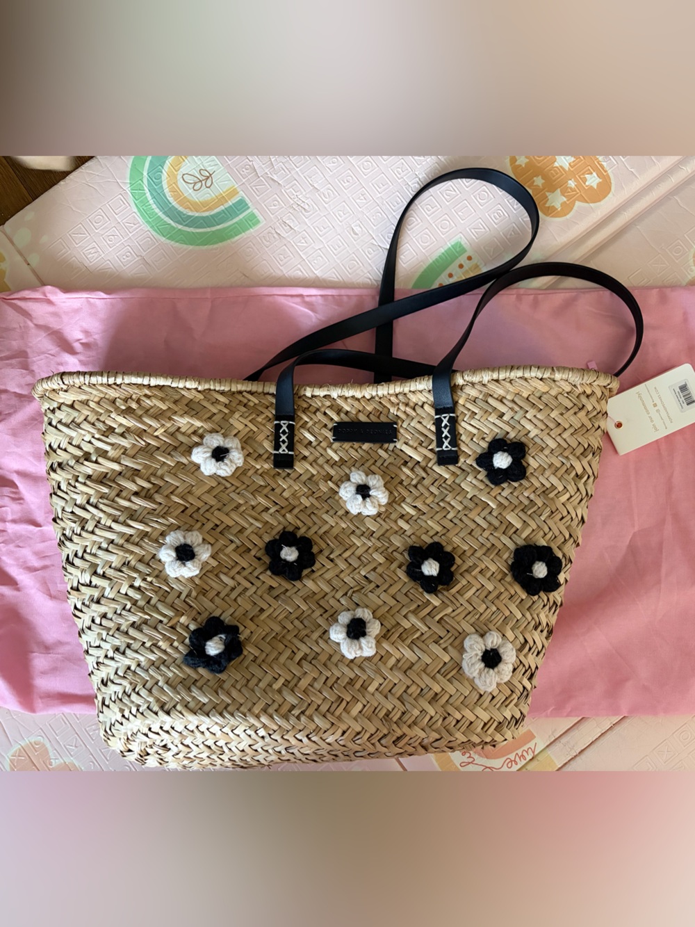 Poppy & Peonies Black Floral Straw Tote Bag